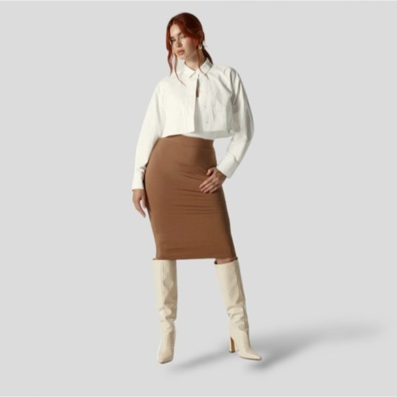 XXI Camel Cotton Pencil Skirt w Elastic Waist- Size S - Picture 2 of 7